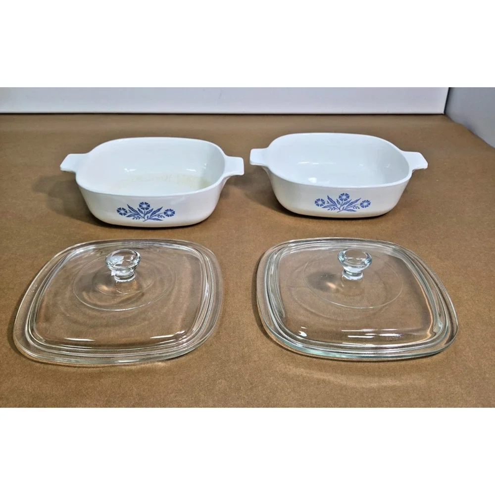 Two Vintage Corning Ware Blue Cornflower 1 Qt Casserole Dishes with Lids